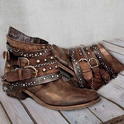 Women's Ankle Boots – Leather – Western Design – Buckles and Chain Details – Low Heel