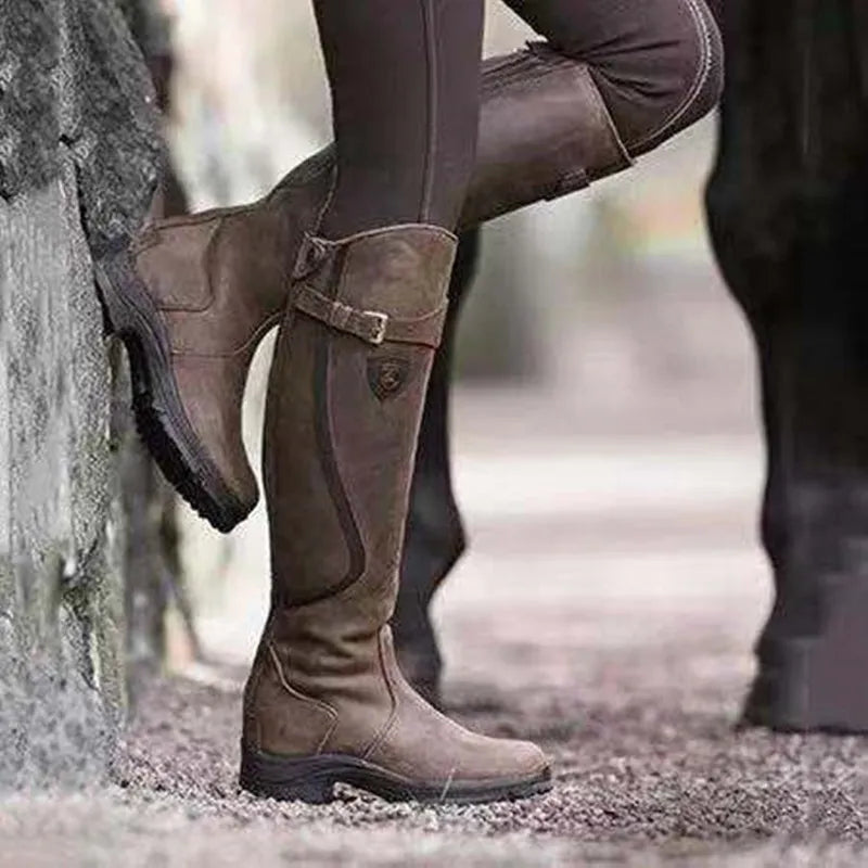 Women’s Knee-High Boots – Slim Fit – Water-Resistant Suede Look – Strap Buckle Detail